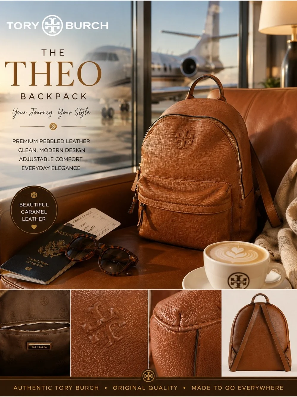 Tory Burch Theo Pebbled Leather Backpack Cognac Brown Large Travel Laptop Bag